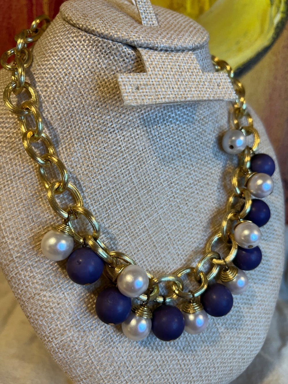 Vintage Gold Chain Necklace with Purple and Pearl Beads